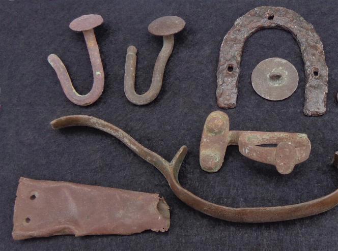 Nice Group of Relics Including knapsack hooks, iron heel plate, spur portion, trigger guard, bullets, etc. All recovered near the Prairie Grove, Arkansas, Battlefield. 