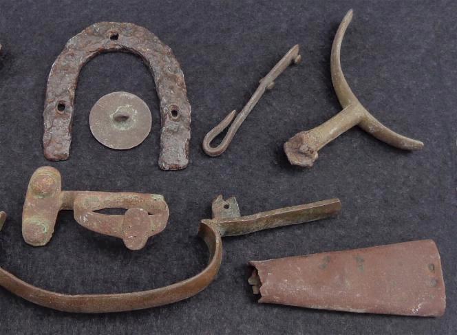 Nice Group of Relics Including knapsack hooks, iron heel plate, spur portion, trigger guard, bullets, etc. All recovered near the Prairie Grove, Arkansas, Battlefield. 