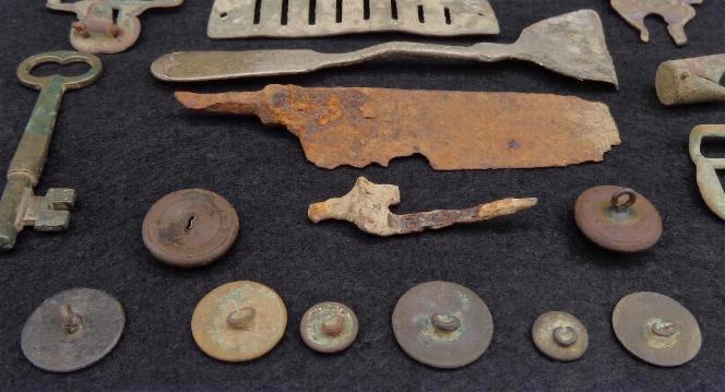 Nice Group of Dug Relics Including eating utensils, skeleton key, flat buttons, eagle buttons, etc. All Recovered near the Pea Ridge, Arkansas, Battlefield. 