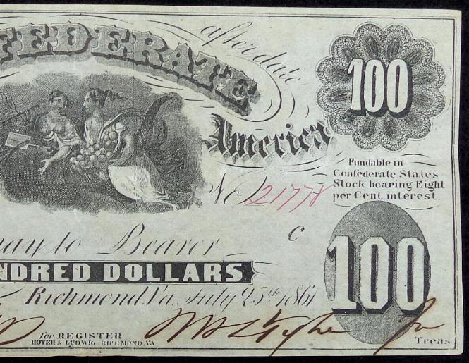 Exceptional VF/XF Rare Confederate T-7 July of 1861, One hundred dollar note 