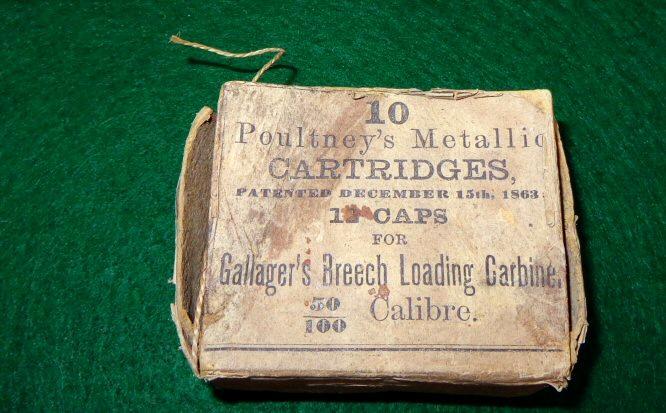 Original 1863 Poultney's Patent - Box, Five .50 Caliber Gallager Cartridges, & Caps 