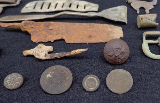 Nice Group of Dug Relics Including eating utensils, skeleton key, flat buttons, eagle buttons, etc. All Recovered near the Pea Ridge, Arkansas, Battlefield. 