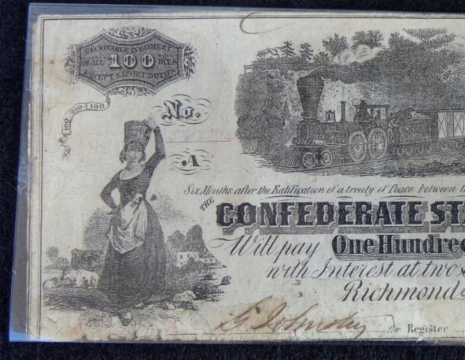 Fine 1862 Confederate T-40 $100 Note w/Steam Train Vignette 