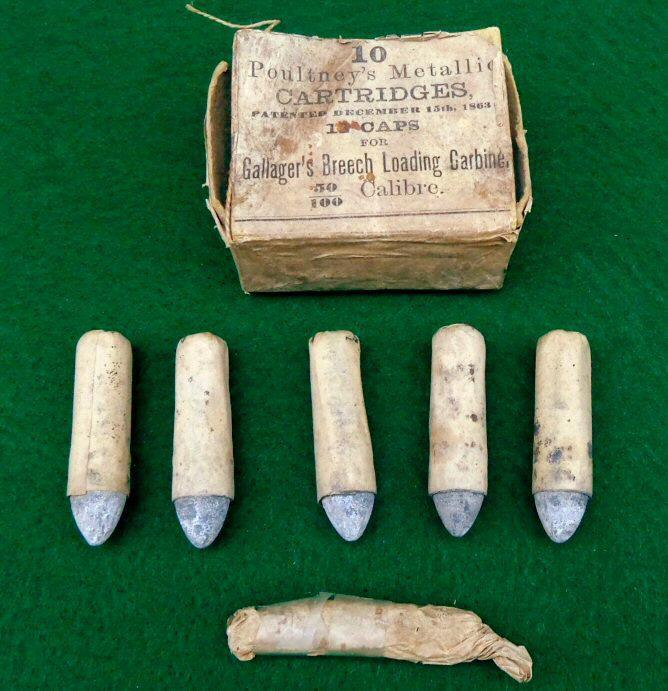 Original 1863 Poultney's Patent - Box, Five .50 Caliber Gallager Cartridges, & Caps 