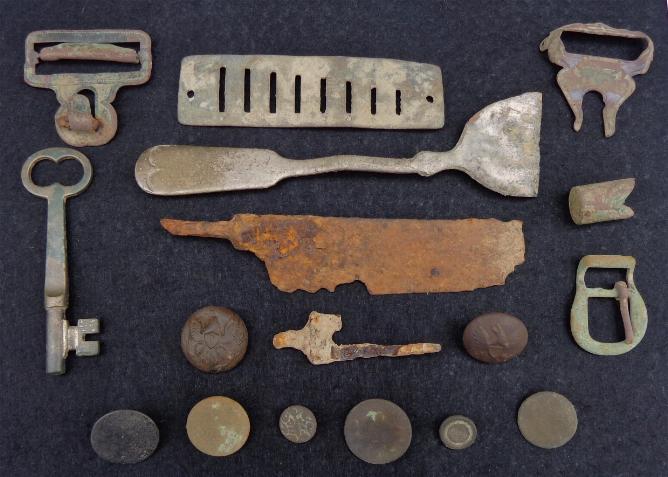 Nice Group of Dug Relics Including eating utensils, skeleton key, flat buttons, eagle buttons, etc. All Recovered near the Pea Ridge, Arkansas, Battlefield. 