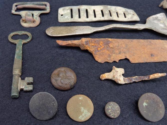 Nice Group of Dug Relics Including eating utensils, skeleton key, flat buttons, eagle buttons, etc. All Recovered near the Pea Ridge, Arkansas, Battlefield. 