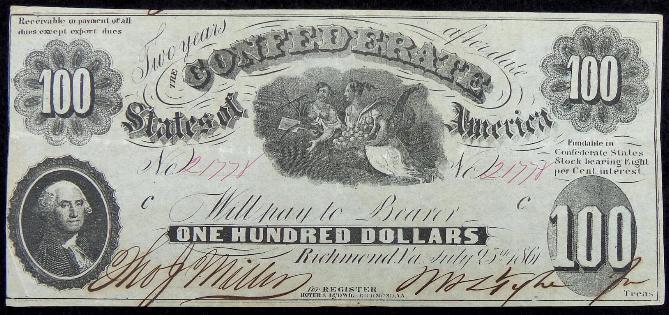 Exceptional VF/XF Rare Confederate T-7 July of 1861, One hundred dollar note 