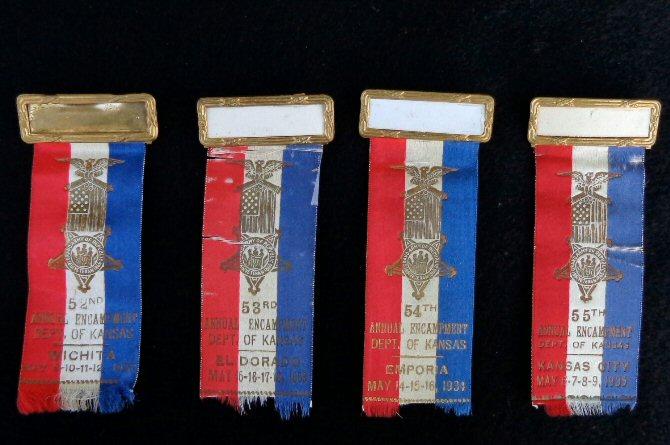 Nice Group of Four Consecutive Year Kansas G.A.R. Ribbons/Badges - 1932 - 1935 