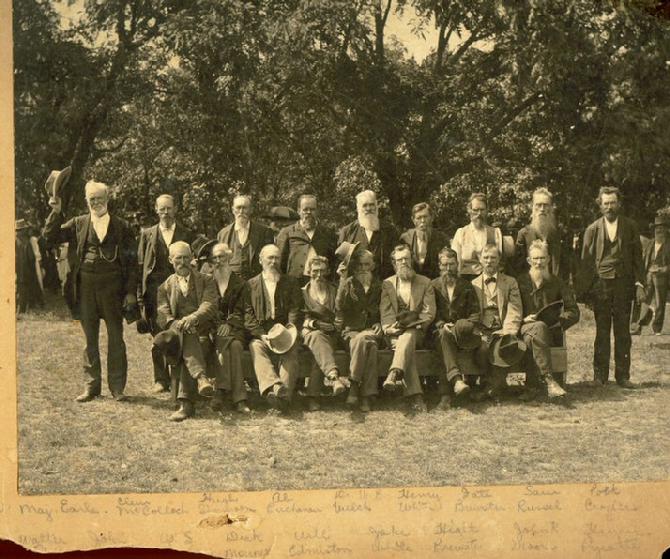 Survivors of Company B, 34th Arkansas Regiment, CSA, at a Reunion near Cane Hill, Arkansas. 