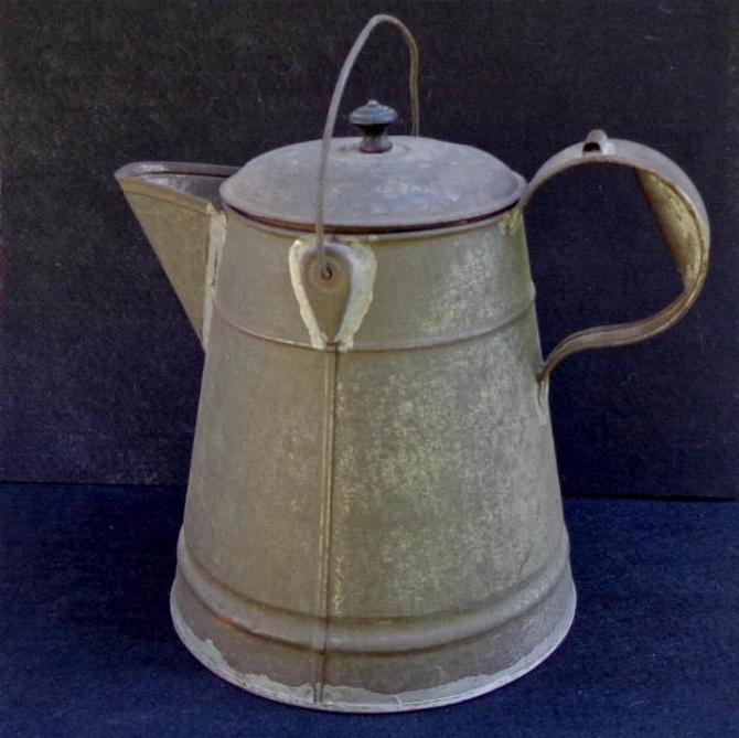 Fine Large "Mess Size" Civil War Period Tin Coffee Pot with Bale for Hanging Over a Campfire 