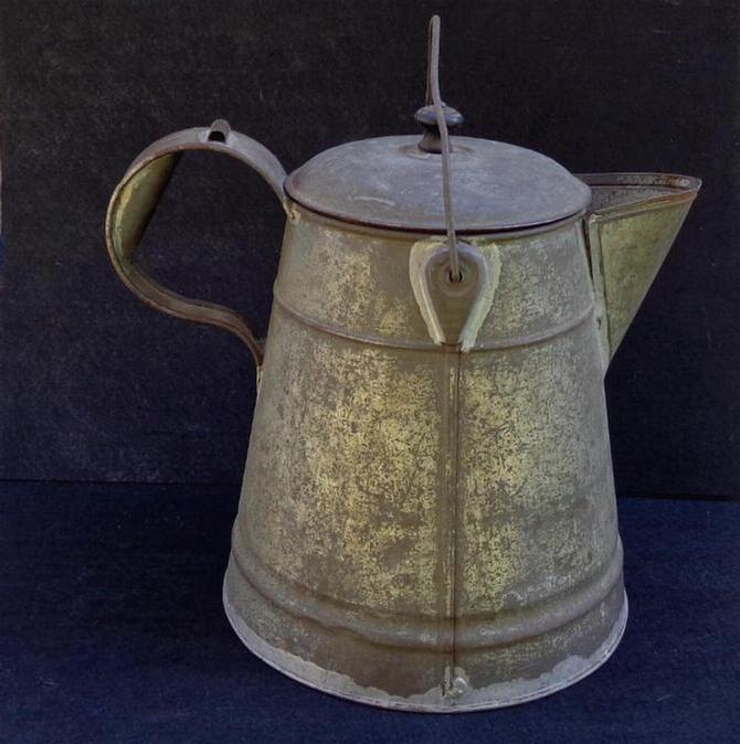 Fine Large "Mess Size" Civil War Period Tin Coffee Pot with Bale for Hanging Over a Campfire 