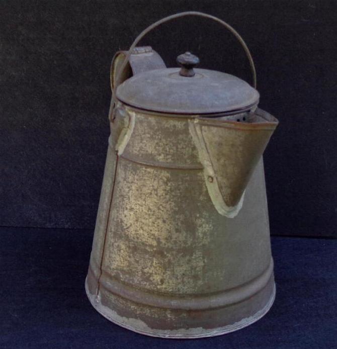 Fine Large "Mess Size" Civil War Period Tin Coffee Pot with Bale for Hanging Over a Campfire 