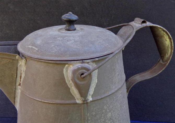 Fine Large "Mess Size" Civil War Period Tin Coffee Pot with Bale for Hanging Over a Campfire 