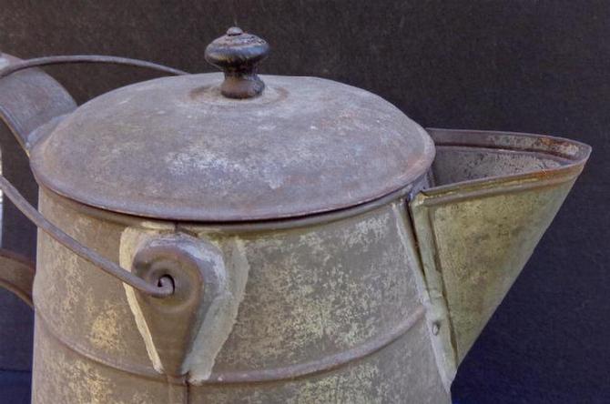 Fine Large "Mess Size" Civil War Period Tin Coffee Pot with Bale for Hanging Over a Campfire 