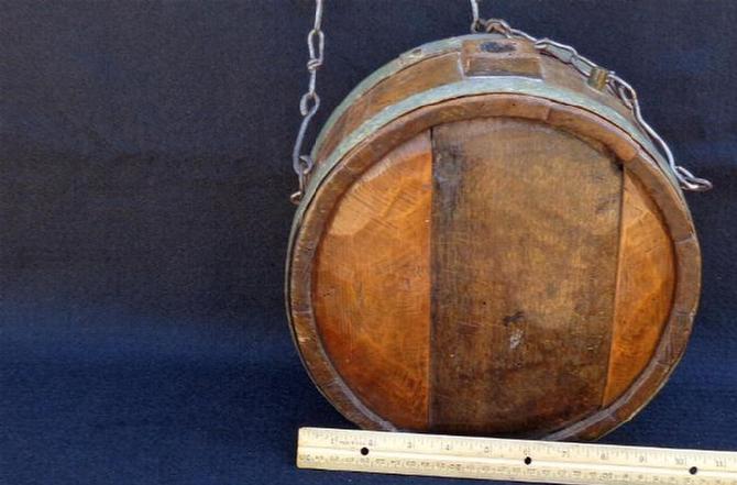 Large Ten Inch Diameter Mid-1800s Wood Drum Style Canteen with Raised Square Spout, Vent Hole & Chain.
