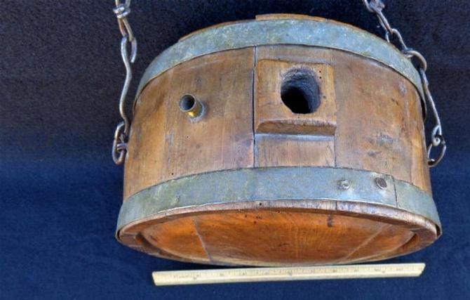 Large Ten Inch Diameter Mid-1800s Wood Drum Style Canteen with Raised Square Spout, Vent Hole & Chain.