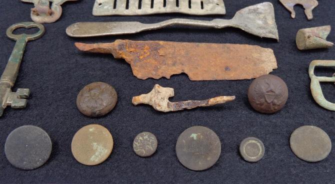 Nice Group of Dug Relics Including eating utensils, skeleton key, flat buttons, eagle buttons, etc. All Recovered near the Pea Ridge, Arkansas, Battlefield. 