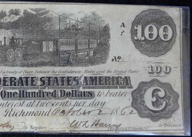 Fine 1862 Confederate T-40 $100 Note w/Steam Train Vignette 