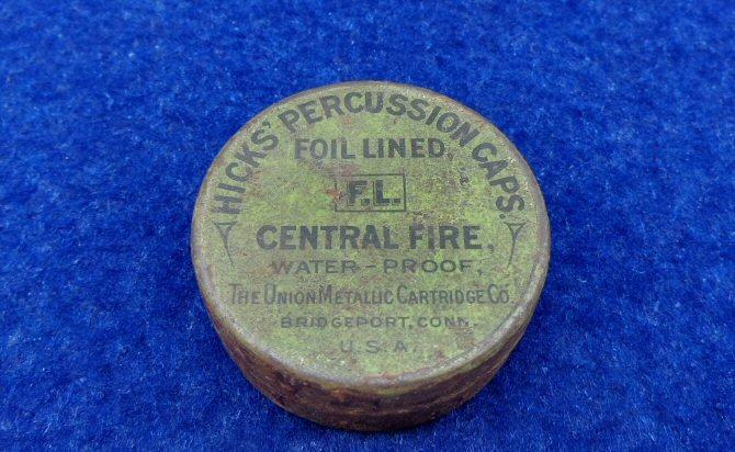 Nice ca. 1900 Union Metallic Cartriddge Co. "Hicks" Percussion Cap Tin  w/Good Label and Partial Pistol Percussion Cap Contents